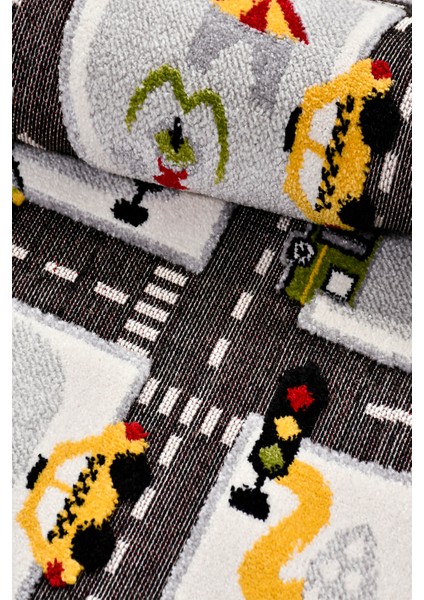 Oyun Şehri Çocuk Oyun Halısı | 3 Boyutlu Araba Yolu Desenli, Tozumaz, Kolay Temizlik, Jüt Tabanlı