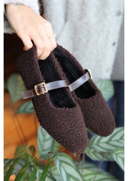 Peluş Tüylü Bilekten Bağlamalı Kadın Ev Ayakkabısı Babet