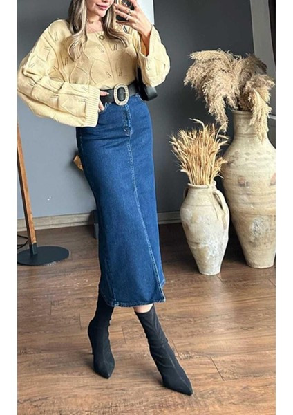 Zr Model Yırtmaç Detaylı Düğmeli Kot Etek Koyu Mavi Midi Diz Boy fiyatları