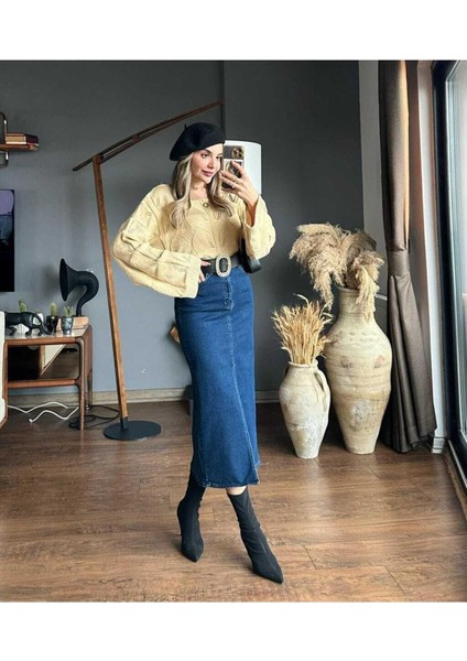 Zr Model Yırtmaç Detaylı Düğmeli Kot Etek Koyu Mavi Midi Diz Boy fırsatları