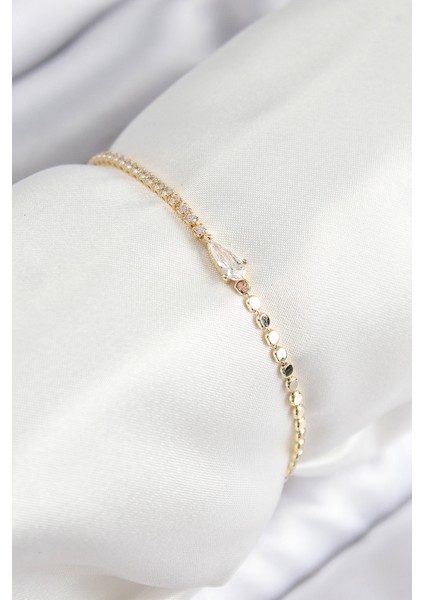 Pirinç Zirkon Taşlı Damla Model Ezme Zincir Gold Renk Kadın Bileklik - Lisinya