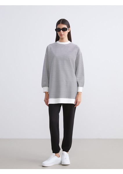 Yeni Sezon Büyük Beden Bisiklet Yaka Çizgili Kadın Sweatshirt Tunik fırsatları