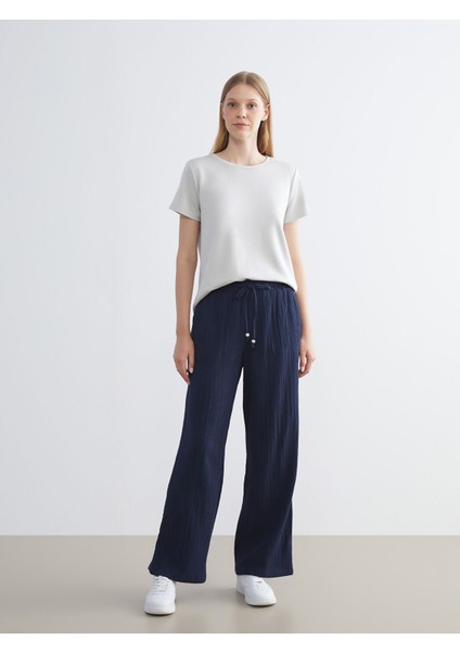 Yeni Sezon Beli Lastikli Dokulu Müslin Kadın Pantolon