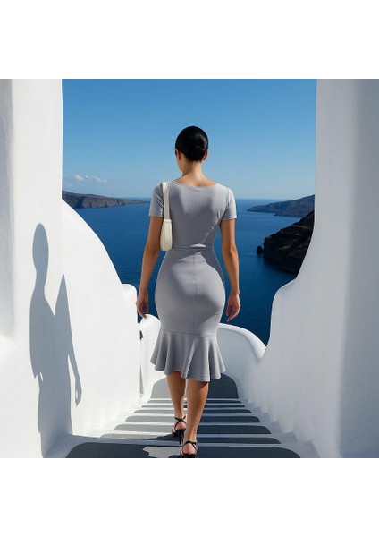 Kadın Kare Yaka Kısa Kollu Düğme Detay Çift Volanlı Midi Abiye Elbise Gri 582981 fiyatları