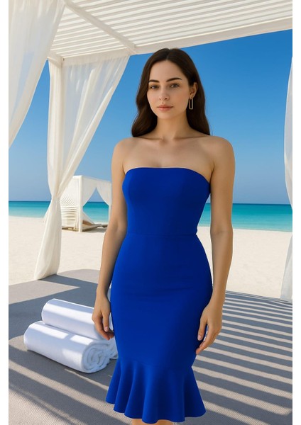 Kadın Fırfır Detay Jarse Straplez Kesim Midi Elbise 583224 Saks