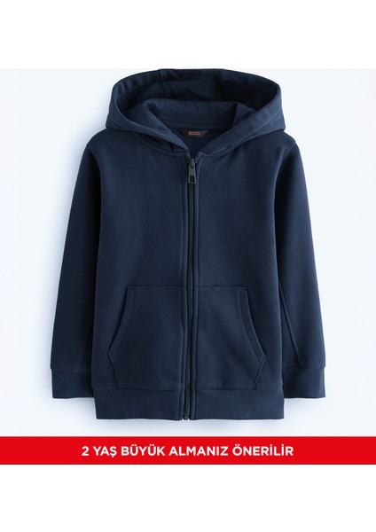 Erkek Çocuk Basic Düz Kapüşonlu Fermuarlı Sweatshirt - 2544