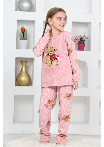 Kız Çocuk Welsoft Kumaş-Göz Bantlı Ayıcık Baskılı Pijama Takımı 12293