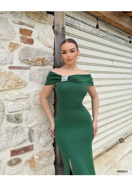 Straplez Yaka Taş Detaylı Yırtmaçlı Elbise Zümrüt 583211 fiyatları