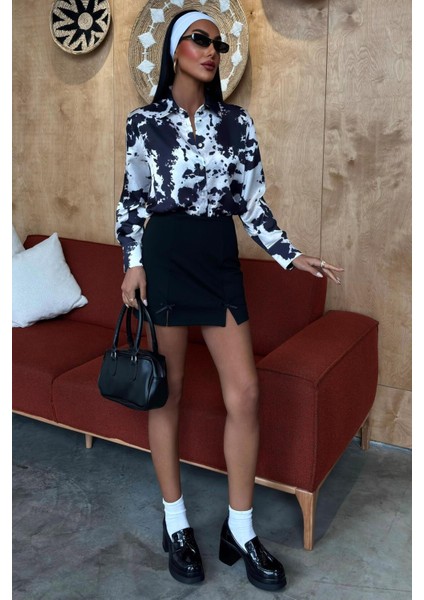 Batik Desenli Chanel Saten Gömlek -Siyah fiyatları