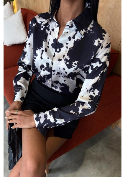 Batik Desenli Chanel Saten Gömlek -Siyah modelleri