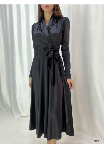 Kruvaze Yaka Kuşaklı Saten Midi Elbise Siyah Haki 582276 Siyah