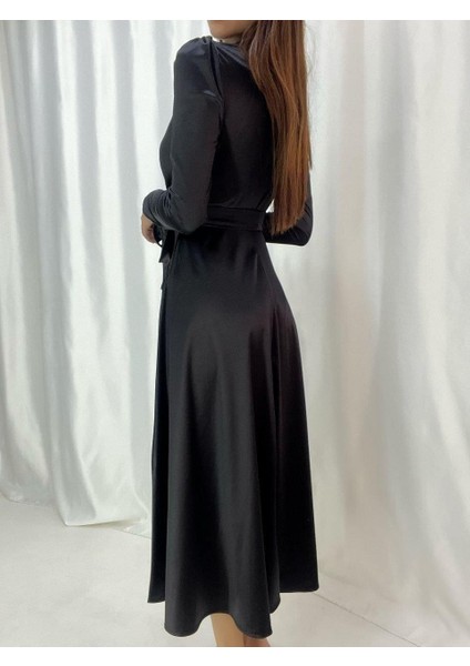 Kruvaze Yaka Kuşaklı Saten Midi Elbise Siyah Haki 582276 Siyah fiyatları