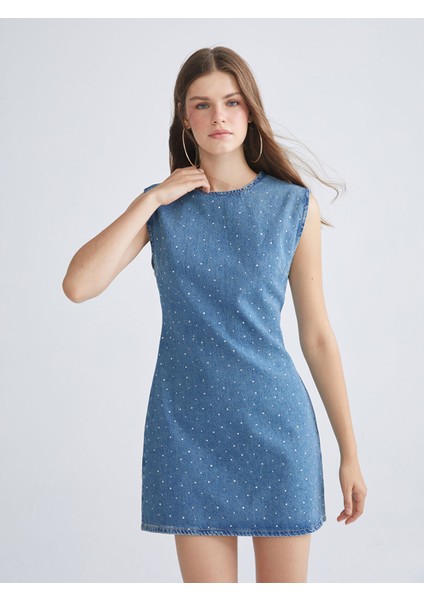 Yeni Sezon Bisiklet Yaka Parlak Taşlı Mini Jean Elbise
