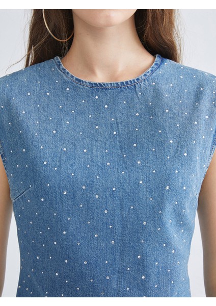 Yeni Sezon Bisiklet Yaka Parlak Taşlı Mini Jean Elbise modelleri