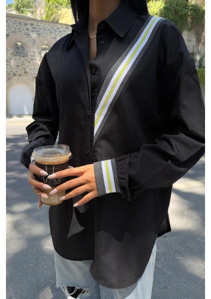 Bant Detaylı Oversize Poplin Gömlek -Siyah