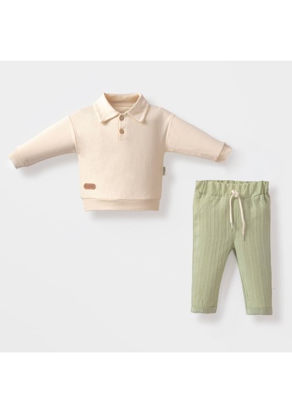 Yaka Düğmeli Erkek Bebek Keten Pantolonlu Takım - Yeşil