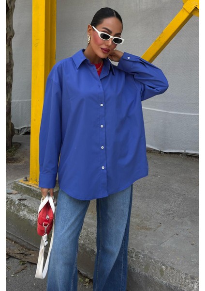 Klasik Oversize Poplin Gömlek -Lacivert fiyatları