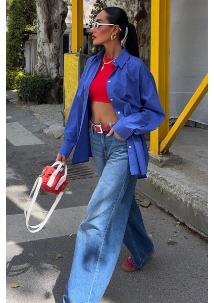 Klasik Oversize Poplin Gömlek -Lacivert modelleri