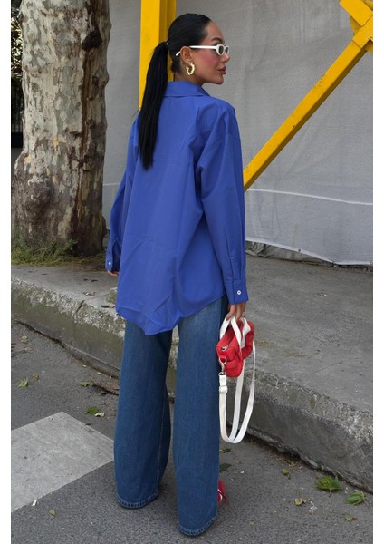 Klasik Oversize Poplin Gömlek -Lacivert fırsatları