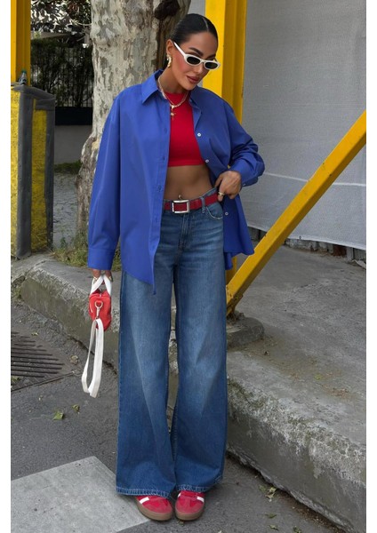 Klasik Oversize Poplin Gömlek -Lacivert