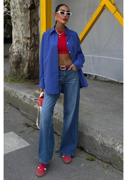 Klasik Oversize Poplin Gömlek -Lacivert