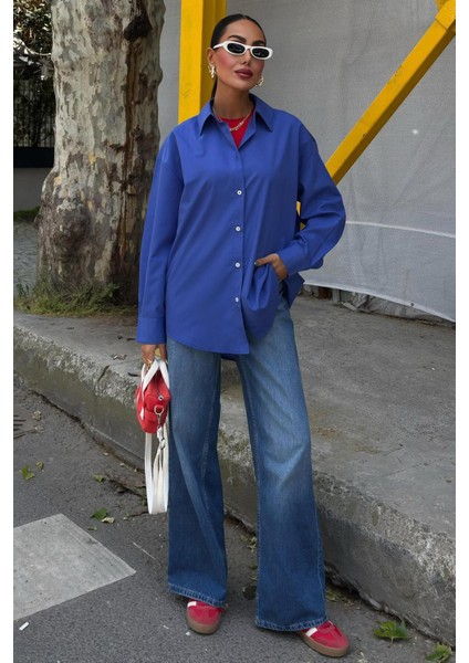Klasik Oversize Poplin Gömlek -Lacivert