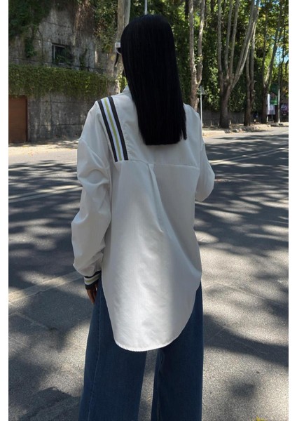 Bant Detaylı Oversize Poplin Gömlek -Ekru