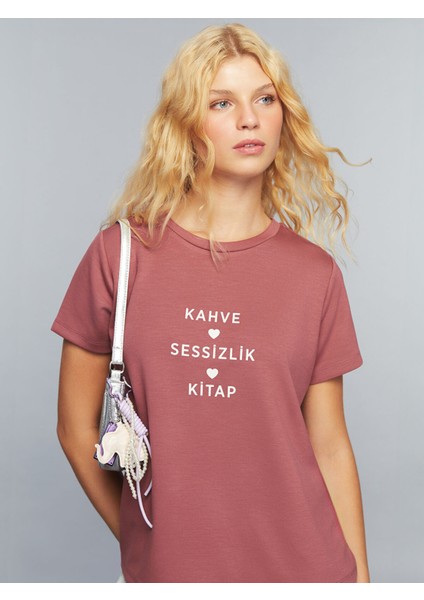 Yeni Sezon Bisiklet Yaka Slogan Baskılı Kadın Tişört