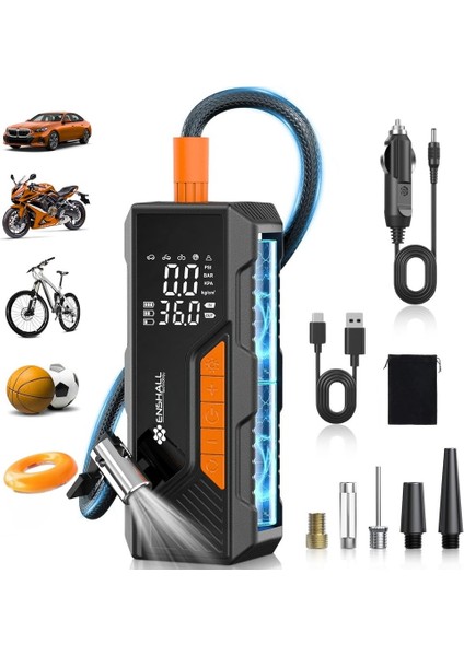 Enshal Dijital Göstergeli LED Işıklı Taşınabilir 4500MAH Araç Lastik Şişirme Hava Kompresörü fırsatları
