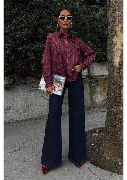 Chanel Saten Premium Çizgili Gömlek -Bordo