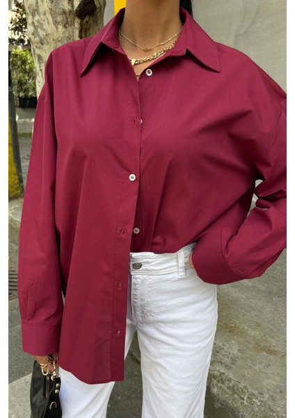 Klasik Oversize Poplin Gömlek -Bordo modelleri