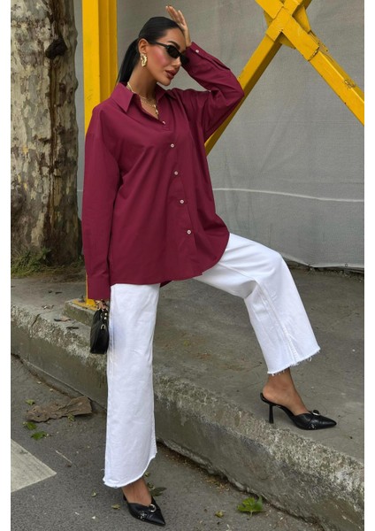 Klasik Oversize Poplin Gömlek -Bordo fırsatları