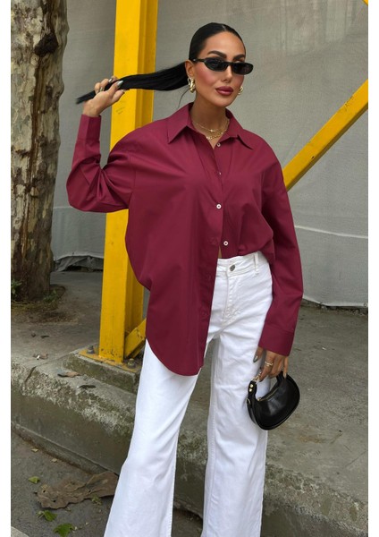 Klasik Oversize Poplin Gömlek -Bordo indirimleri