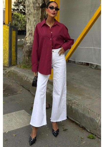 Klasik Oversize Poplin Gömlek -Bordo