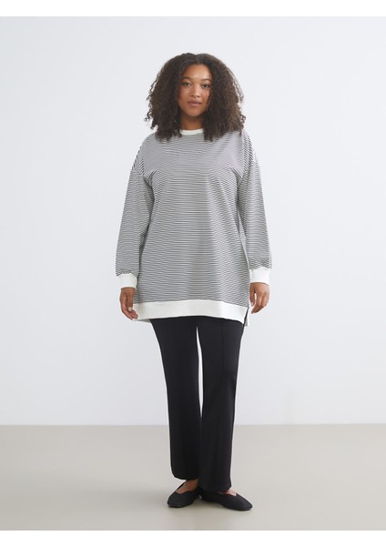 Yeni Sezon Büyük Beden Bisiklet Yaka Çizgili Kadın Sweatshirt Tunik modelleri