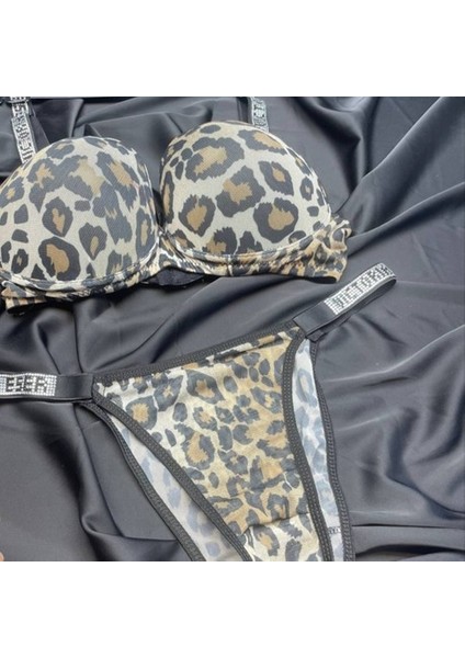 Hoppidi Leopar Dolgulu Taşlı Sütyen Takım