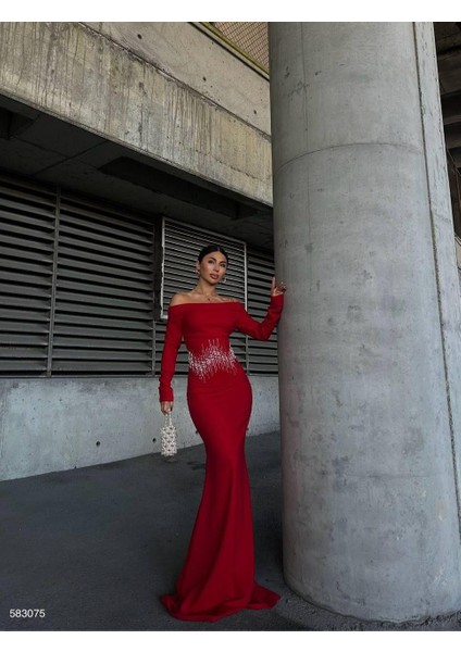 Krep Taşlı Uzun Degaje Yaka Kırmızı Elbise 583075