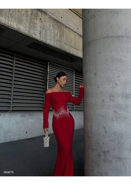 Krep Taşlı Uzun Degaje Yaka Kırmızı Elbise 583075 fiyatları
