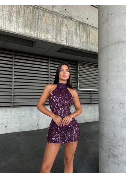 Işıltılı Payetli Halter Yaka Sırt Dekolteli Mini Gece Elbisesi 583229 Mor fiyatları