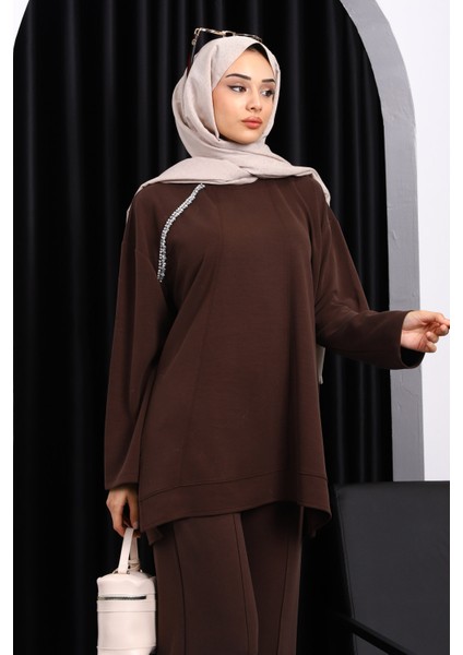 Kahverengi Taş Detaylı Tunik Pantolonlu Modal Takım modelleri