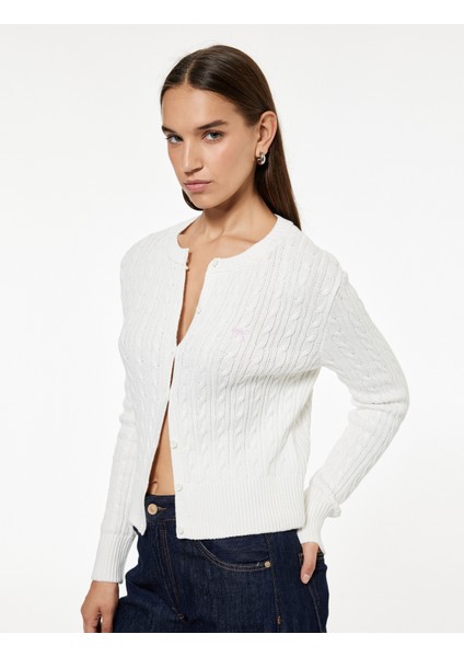 Pamuklu Saç Örgüsü Dokulu Düğmeli Bisiklet Yaka Slim Fit Fiyonklu Hırka