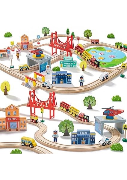 110 Parça Ahşap Tren Seti | Çocuklar Için Eğitici Oyuncak Tren, Manyetik Balık Tutma ve Puzzle Özellikli, 3-8 Yaş