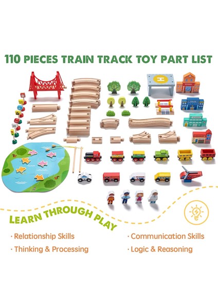 110 Parça Ahşap Tren Seti | Çocuklar Için Eğitici Oyuncak Tren, Manyetik Balık Tutma ve Puzzle Özellikli, 3-8 Yaş indirimleri