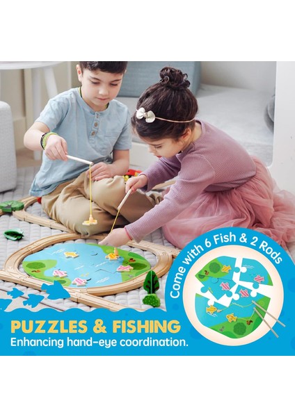 110 Parça Ahşap Tren Seti | Çocuklar Için Eğitici Oyuncak Tren, Manyetik Balık Tutma ve Puzzle Özellikli, 3-8 Yaş