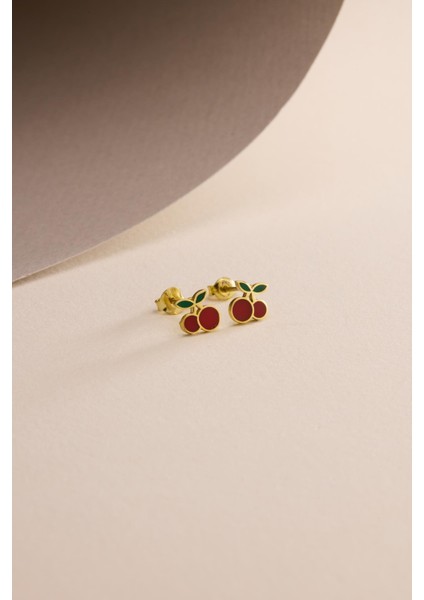 925 Ayar Gümüş Gold Kaplama Minik Kiraz Küpe