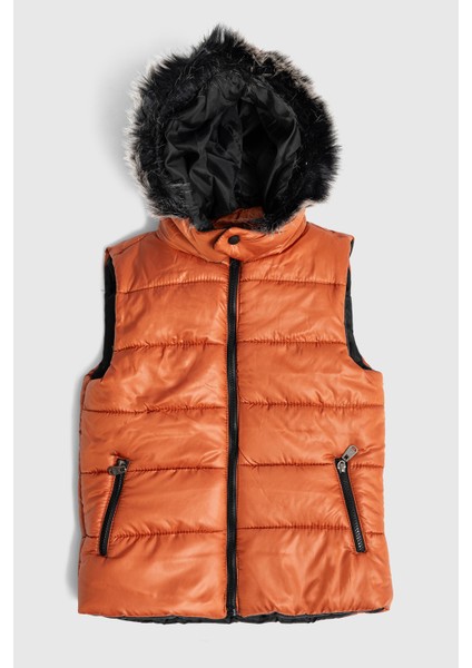 Içi Elyaf Dolgulu Kürk Kapşonlu Erkek Yelek