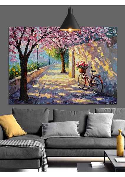 Kiraz Çiçekleri Altında Bisiklet Dekoratif Kanvas - Mdf Ahşap Tablo