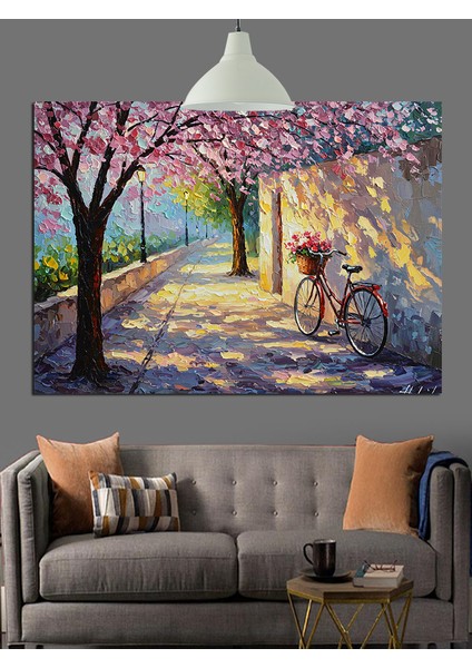 Kiraz Çiçekleri Altında Bisiklet Dekoratif Kanvas - Mdf Ahşap Tablo fiyatları