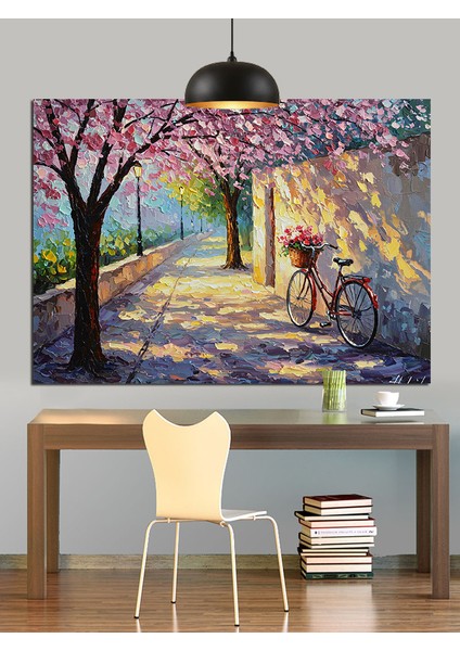 Kiraz Çiçekleri Altında Bisiklet Dekoratif Kanvas - Mdf Ahşap Tablo modelleri