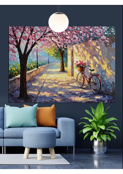 Kiraz Çiçekleri Altında Bisiklet Dekoratif Kanvas - Mdf Ahşap Tablo fırsatları